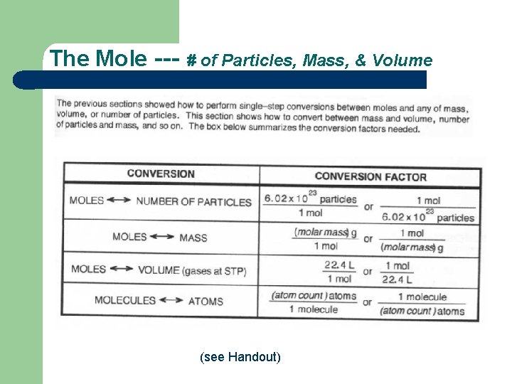 The Mole --- # of Particles, Mass, & Volume (see Handout) 