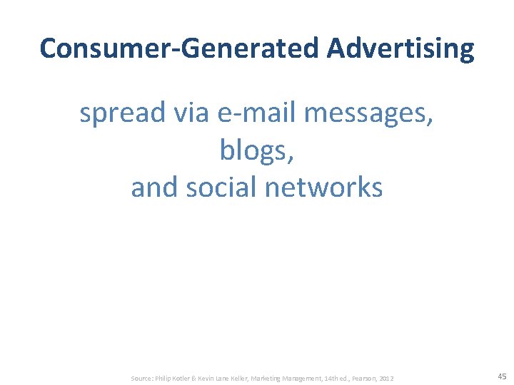 Consumer-Generated Advertising spread via e-mail messages, blogs, and social networks Source: Philip Kotler &