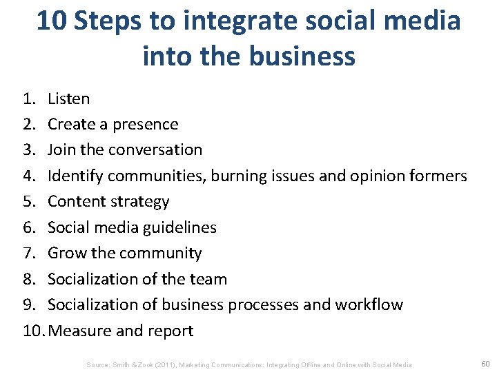 10 Steps to integrate social media into the business 1. Listen 2. Create a