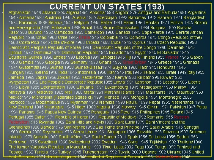  • CURRENT UN STATES (193) Afghanistan 1946 Albania 1955 Algeria 1962 Andorra 1993