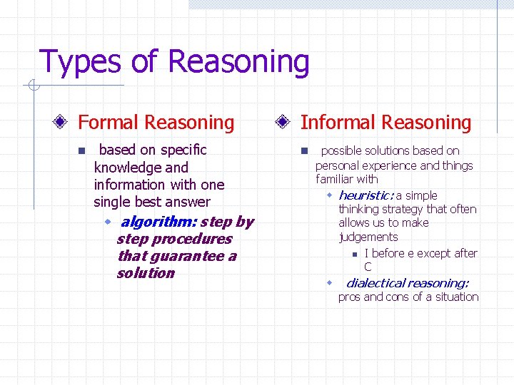 Types of Reasoning Formal Reasoning n based on specific knowledge and information with one