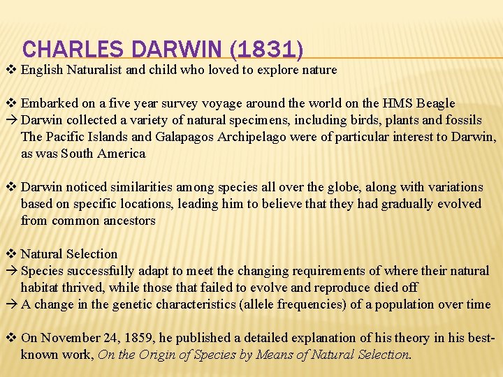 CHARLES DARWIN (1831) v English Naturalist and child who loved to explore nature v CHARLES DARWIN (1831) v English Naturalist and child who loved to explore nature v