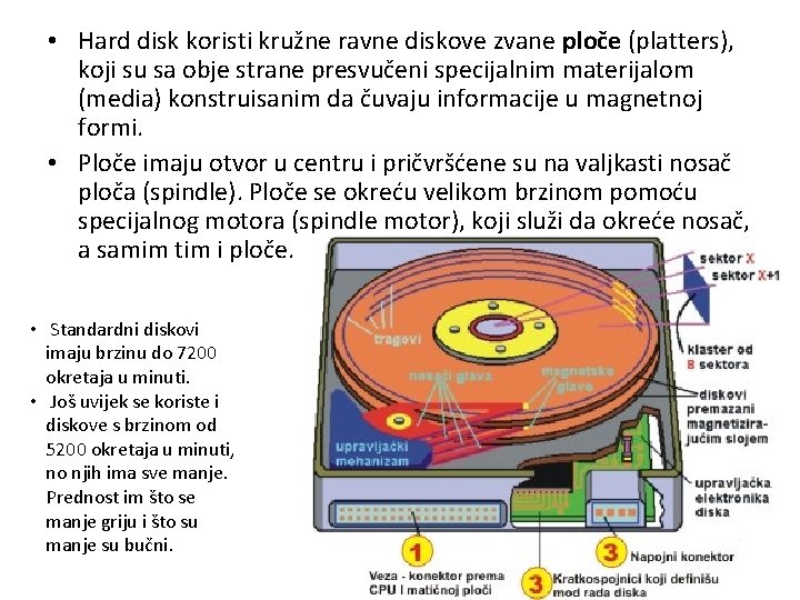  • Hard disk koristi kružne ravne diskove zvane ploče (platters), koji su sa