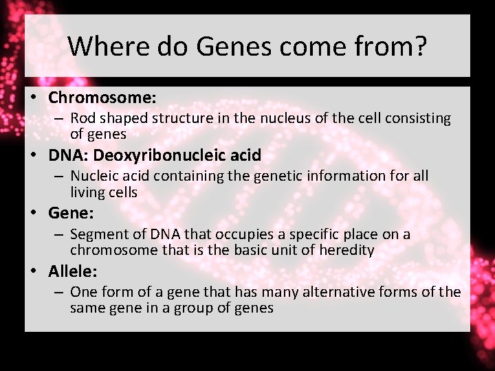 Where do Genes come from? • Chromosome: – Rod shaped structure in the nucleus
