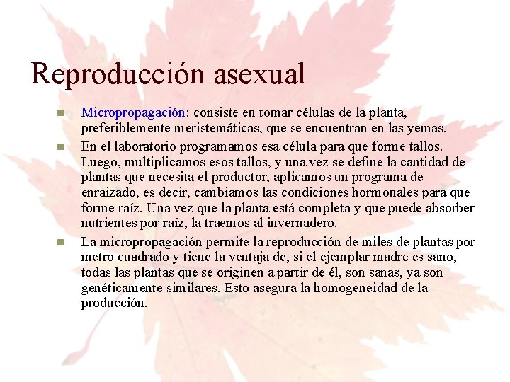 Reproducción asexual Micropropagación: consiste en tomar células de la planta, preferiblemente meristemáticas, que se