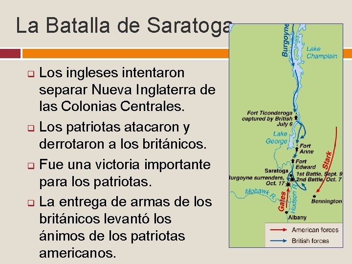 La Batalla de Saratoga q q Los ingleses intentaron separar Nueva Inglaterra de las