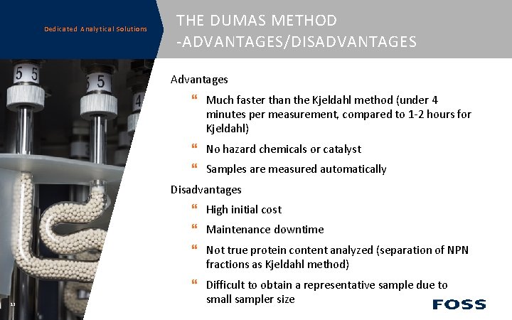 Dedicated Analytical Solutions THE DUMAS METHOD -ADVANTAGES/DISADVANTAGES Advantages Much faster than the Kjeldahl method