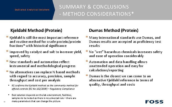 Dedicated Analytical Solutions SUMMARY & CONCLUSIONS - METHOD CONSIDERATIONS* Kjeldahl Method (Protein) Kjeldahl is