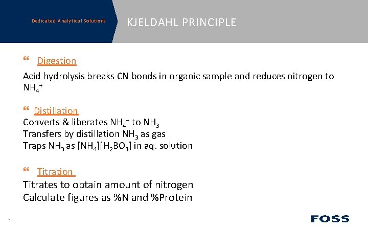 Dedicated Analytical Solutions KJELDAHL PRINCIPLE Digestion Acid hydrolysis breaks CN bonds in organic sample