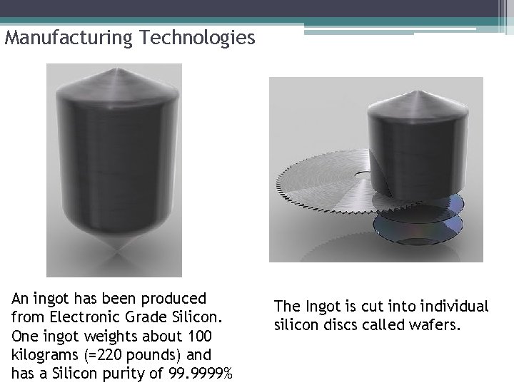 Manufacturing Technologies An ingot has been produced from Electronic Grade Silicon. One ingot weights Manufacturing Technologies An ingot has been produced from Electronic Grade Silicon. One ingot weights