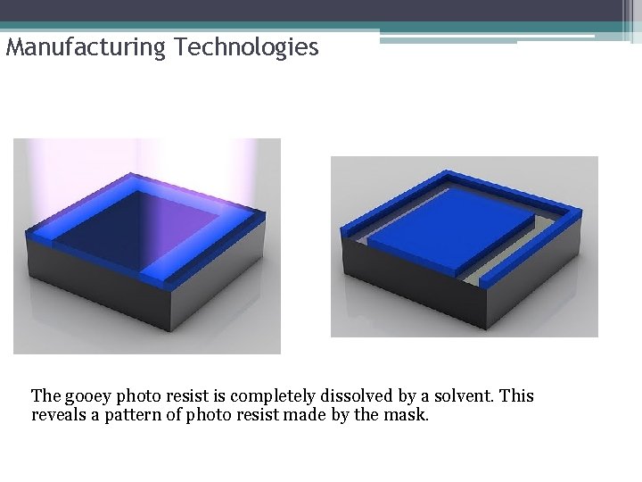 Manufacturing Technologies The gooey photo resist is completely dissolved by a solvent. This reveals Manufacturing Technologies The gooey photo resist is completely dissolved by a solvent. This reveals