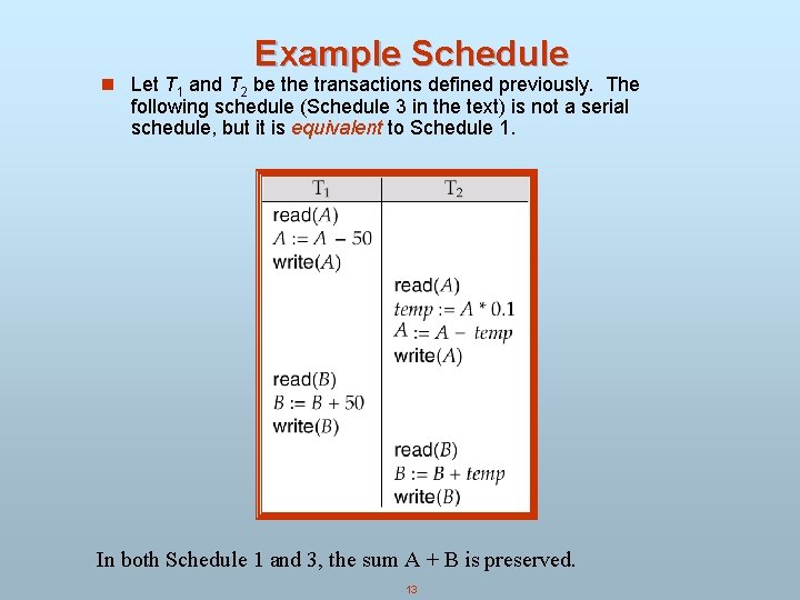 Example Schedule n Let T 1 and T 2 be the transactions defined previously. Example Schedule n Let T 1 and T 2 be the transactions defined previously.