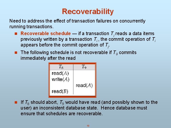 Recoverability Need to address the effect of transaction failures on concurrently running transactions. n Recoverability Need to address the effect of transaction failures on concurrently running transactions. n