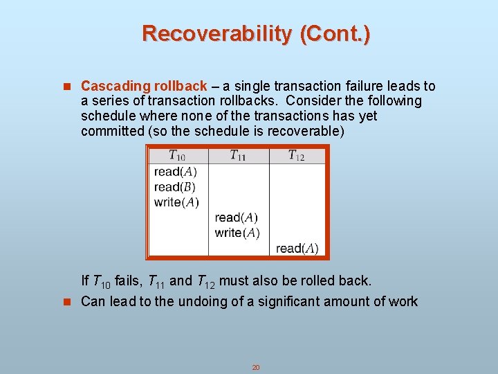 Recoverability (Cont. ) n Cascading rollback – a single transaction failure leads to a Recoverability (Cont. ) n Cascading rollback – a single transaction failure leads to a