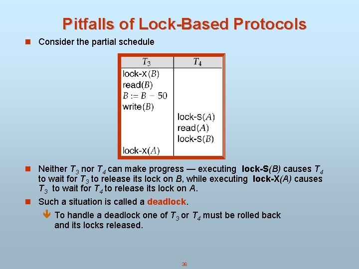 Pitfalls of Lock-Based Protocols n Consider the partial schedule n Neither T 3 nor Pitfalls of Lock-Based Protocols n Consider the partial schedule n Neither T 3 nor