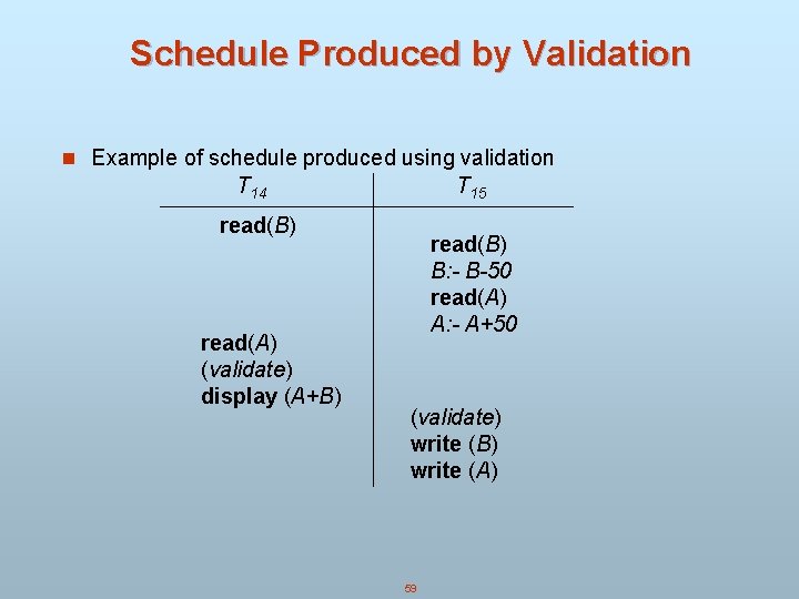 Schedule Produced by Validation n Example of schedule produced using validation T 14 T Schedule Produced by Validation n Example of schedule produced using validation T 14 T
