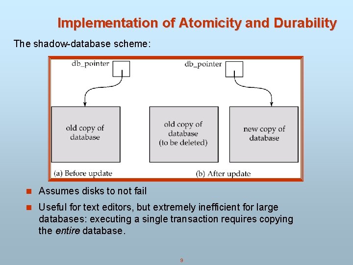 Implementation of Atomicity and Durability The shadow-database scheme: n Assumes disks to not fail Implementation of Atomicity and Durability The shadow-database scheme: n Assumes disks to not fail