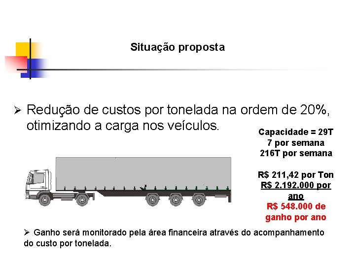 Situação proposta Ø Redução de custos por tonelada na ordem de 20%, otimizando a