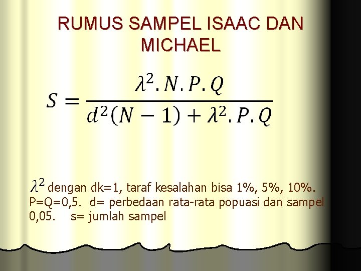 RUMUS SAMPEL ISAAC DAN MICHAEL dengan dk=1, taraf kesalahan bisa 1%, 5%, 10%. P=Q=0,