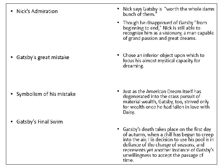  • Nick’s Admiration • • • Gatsby's great mistake Nick says Gatsby is