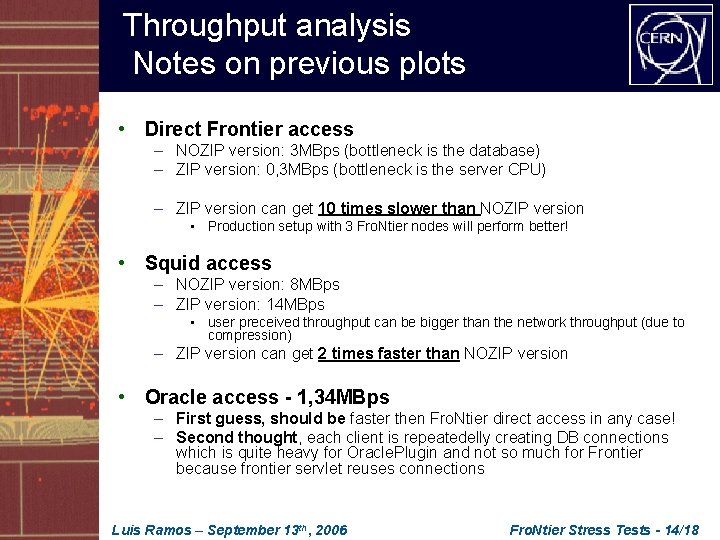 Throughput analysis Notes on previous plots • Direct Frontier access – NOZIP version: 3