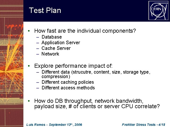 Test Plan • How fast are the individual components? – – Database Application Server