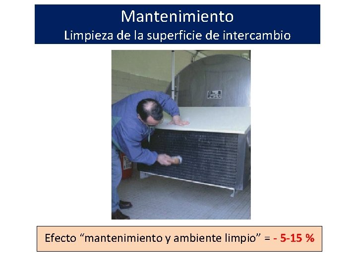 Mantenimiento Limpieza de la superficie de intercambio Efecto “mantenimiento y ambiente limpio” = -