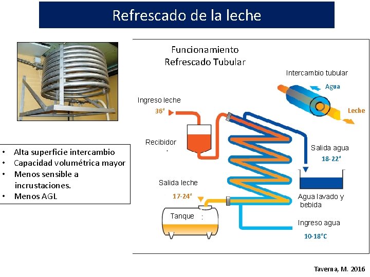 Refrescado de la leche Funcionamiento Refrescado Tubular Intercambio tubular Agua Ingreso leche Leche 36°