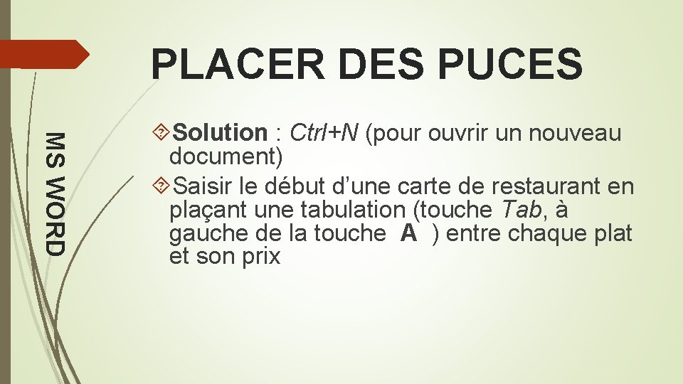 PLACER DES PUCES MS WORD Solution : Ctrl+N (pour ouvrir un nouveau document) Saisir