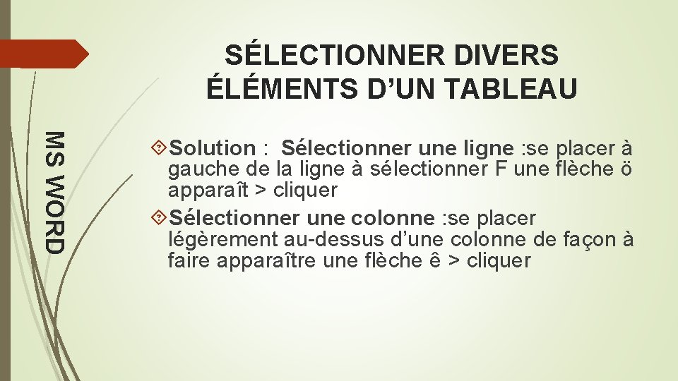 SÉLECTIONNER DIVERS ÉLÉMENTS D’UN TABLEAU MS WORD Solution : Sélectionner une ligne : se