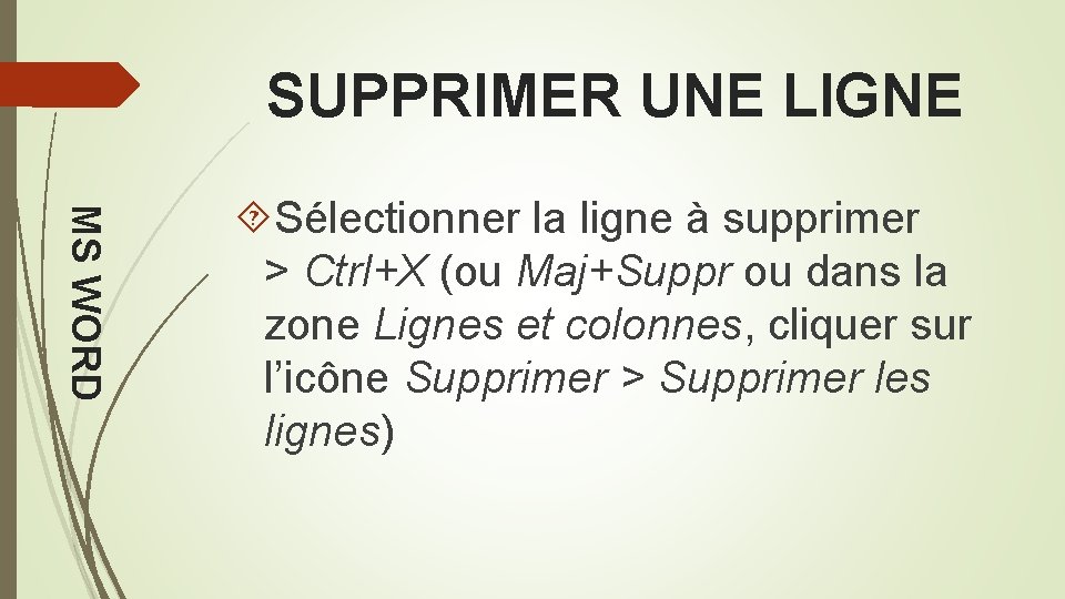 SUPPRIMER UNE LIGNE MS WORD Sélectionner la ligne à supprimer > Ctrl+X (ou Maj+Suppr