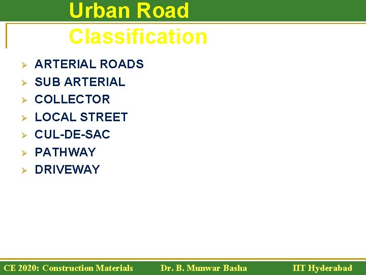 Urban Road Classification Ø Ø Ø Ø ARTERIAL ROADS SUB ARTERIAL COLLECTOR LOCAL STREET