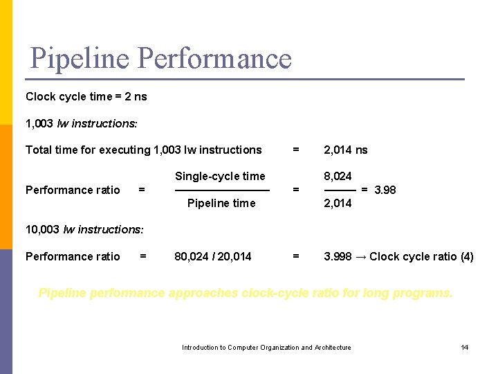 Pipeline Performance Clock cycle time = 2 ns 1, 003 lw instructions: Total time