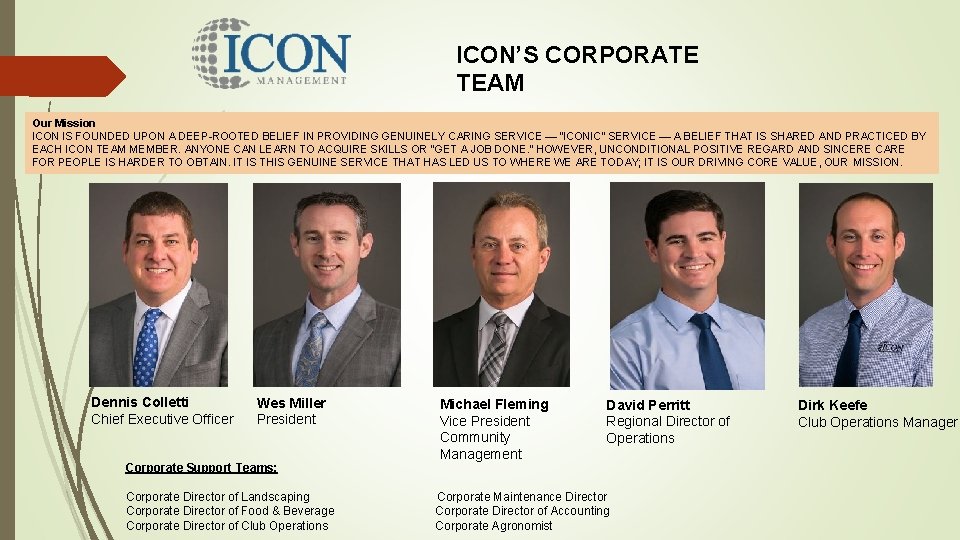 ICON’S CORPORATE TEAM Our Mission ICON IS FOUNDED UPON A DEEP-ROOTED BELIEF IN PROVIDING