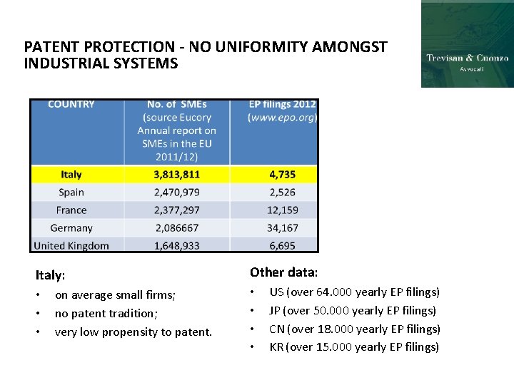 PATENT PROTECTION - NO UNIFORMITY AMONGST INDUSTRIAL SYSTEMS Italy: • • • on average