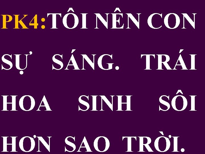 PK 4: TÔI NÊN CON SỰ SÁNG. TRÁI HOA SINH SÔI HƠN SAO TRỜI.