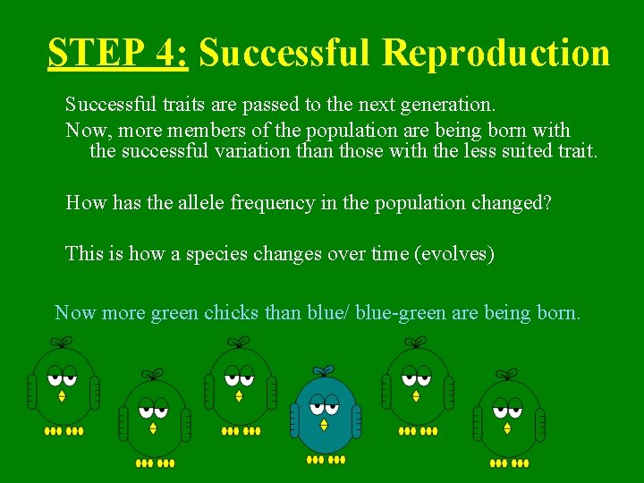 STEP 4: Successful Reproduction Successful traits are passed to the next generation. Now, more