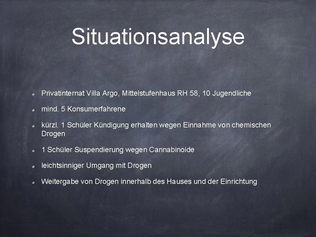 Situationsanalyse Privatinternat Villa Argo, Mittelstufenhaus RH 58, 10 Jugendliche mind. 5 Konsumerfahrene kürzl. 1