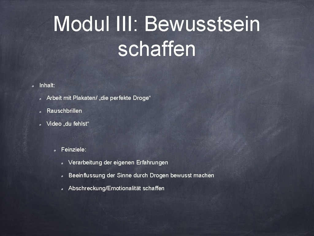 Modul III: Bewusstsein schaffen Inhalt: Arbeit mit Plakaten/ „die perfekte Droge“ Rauschbrillen Video „du