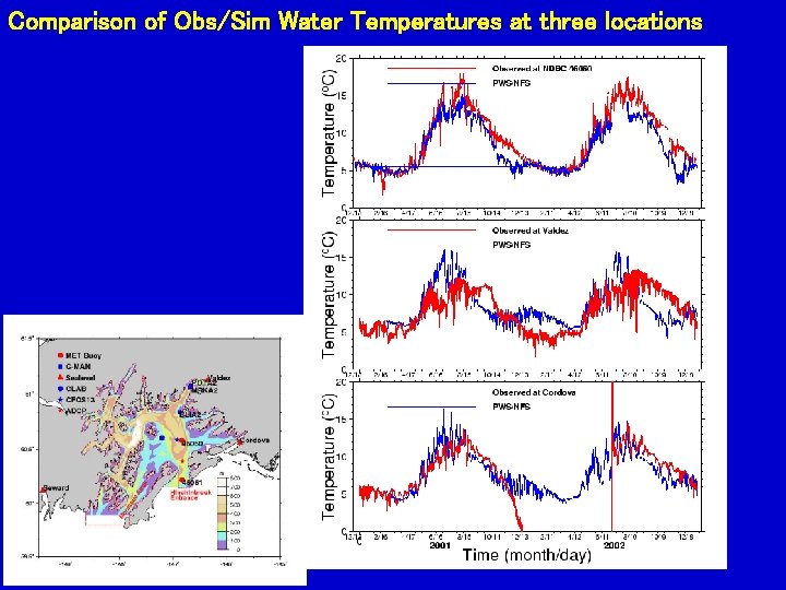 Comparison of Obs/Sim Water Temperatures at three locations 