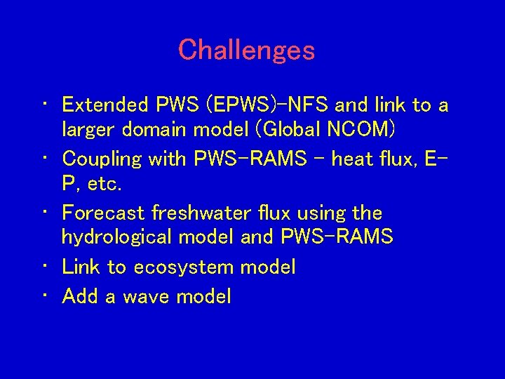 Challenges • Extended PWS (EPWS)-NFS and link to a larger domain model (Global NCOM)