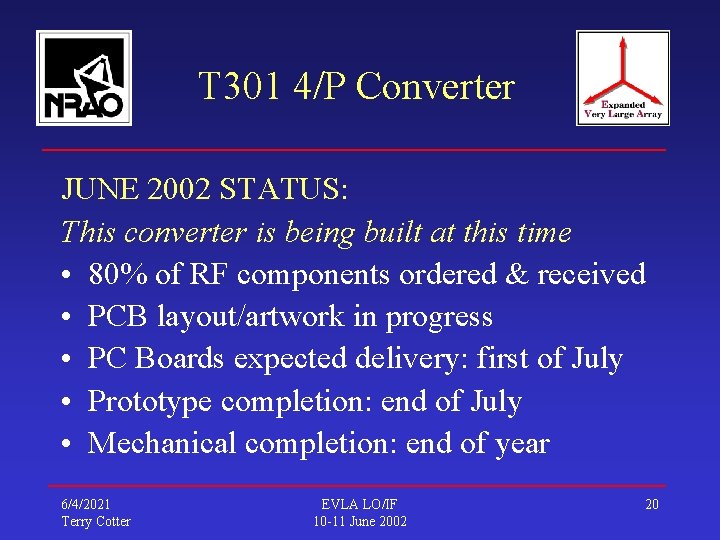 T 301 4/P Converter JUNE 2002 STATUS: This converter is being built at this