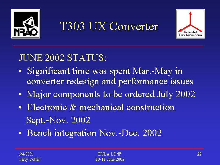 T 303 UX Converter JUNE 2002 STATUS: • Significant time was spent Mar. -May