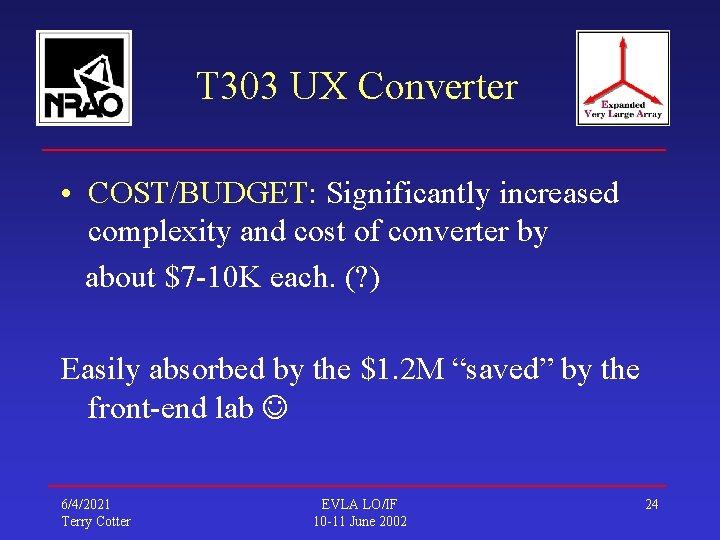 T 303 UX Converter • COST/BUDGET: Significantly increased complexity and cost of converter by