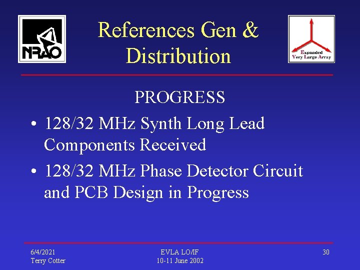 References Gen & Distribution PROGRESS • 128/32 MHz Synth Long Lead Components Received •