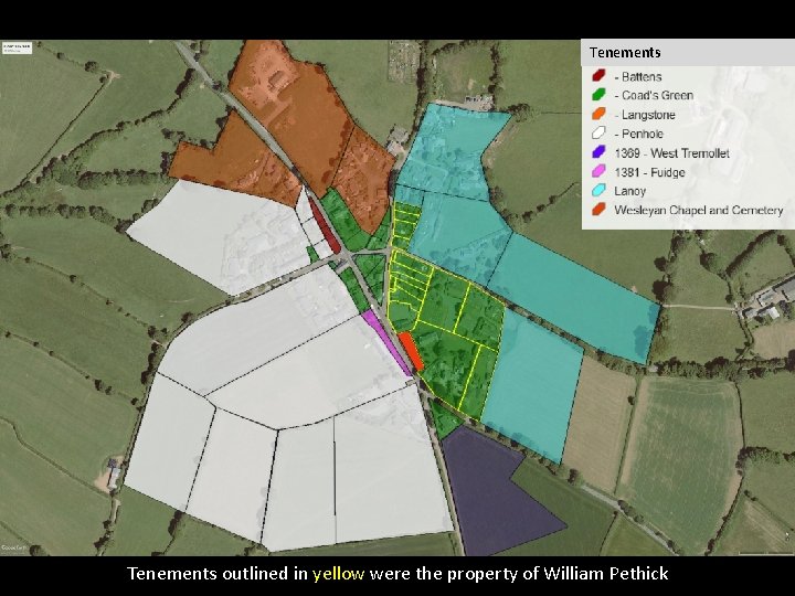 Tenements outlined in yellow were the property of William Pethick 