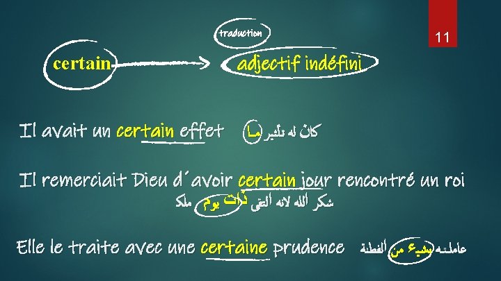 traduction certain Il avait un certain effet 11 adjectif indéfini ﻛﺎﻥ ﻟﻪ ﺗﺄﺜﻴﺮ ﻣــﺎ