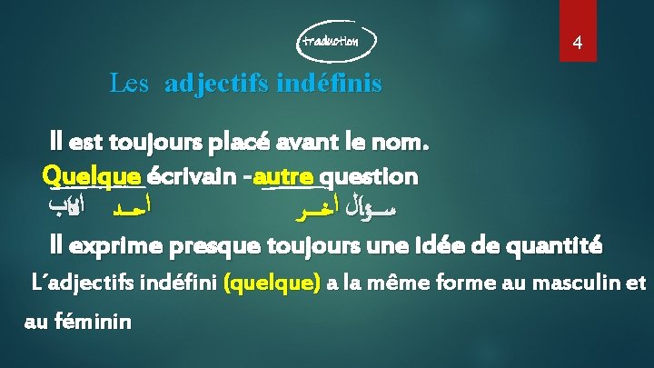 traduction 4 Les adjectifs indéfinis Il est toujours placé avant le nom. Quelque écrivain