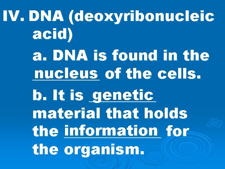 IV. DNA (deoxyribonucleic acid) a. DNA is found in the nucleus of the cells.