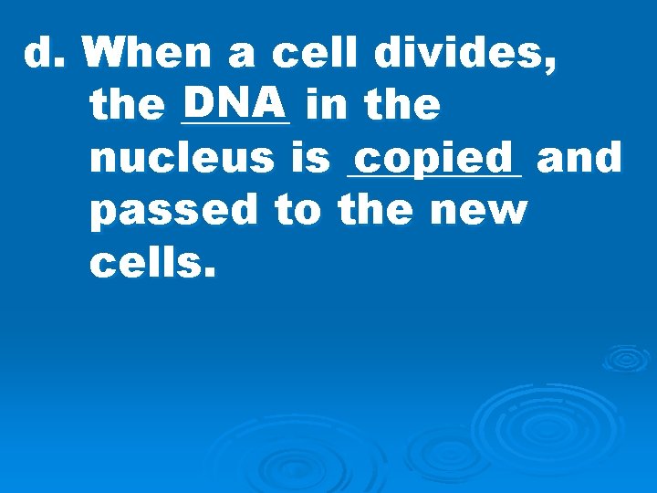d. When a cell divides, DNA in the _____ copied and nucleus is ____